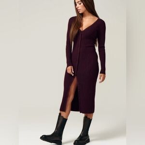 LITA BY CIARA ICON RIB V-NECK CARDIGAN DRESS MERINO CHOCOLATE TRUFFLE MEDIUM